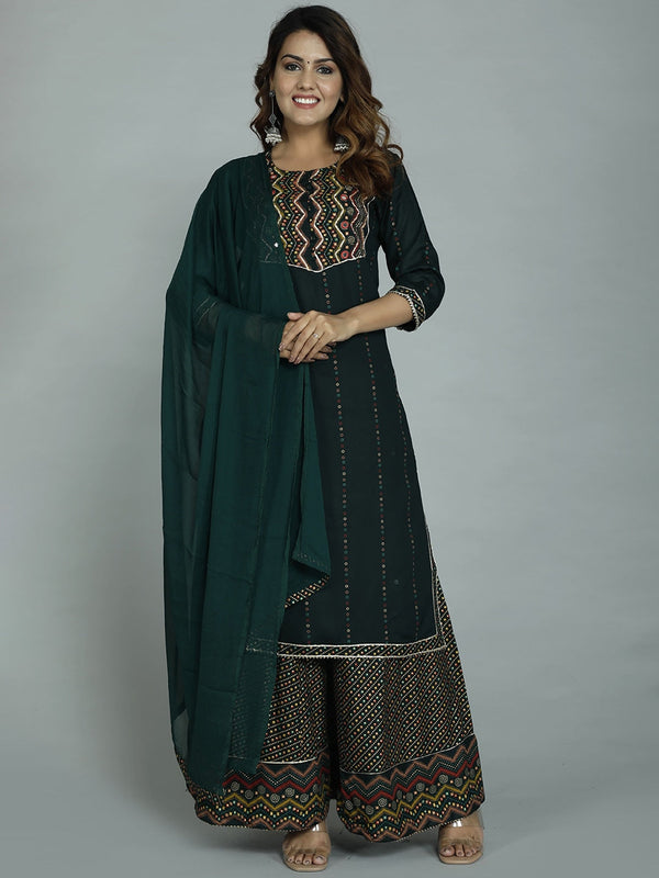 Women's Green Ethnic Motifs Embroidered Panelled Kurta With Sharara & With Dupatta - Noz2Toz