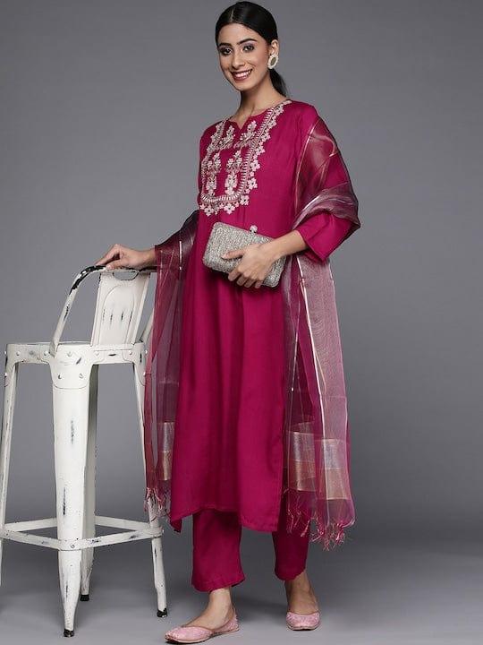 Varanga magenta kurta with dori and zari embroidered yoke paired with organza dupatta and straight trouser - Indiakreations