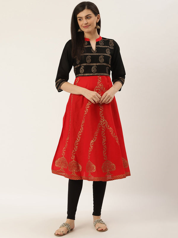 Women's Black & Red Block Print A-Line Kurta - Wahe-Noor