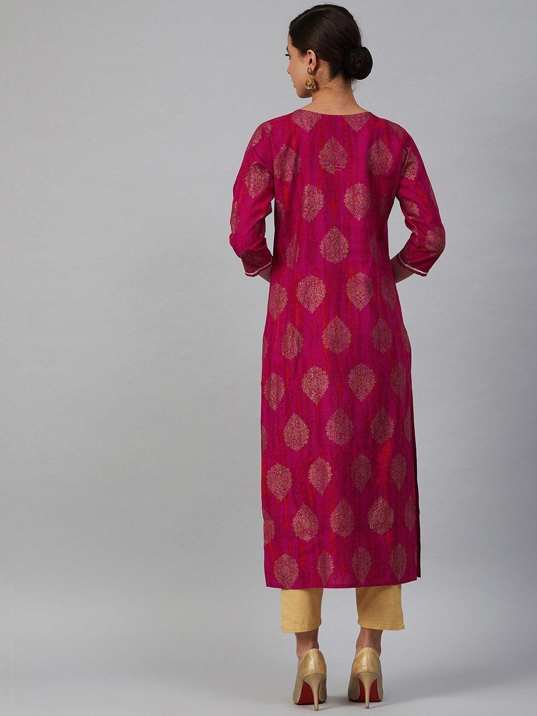 Women's Pink & Golden Printed Straight Dyed Kurta - Meeranshi - Indiakreations