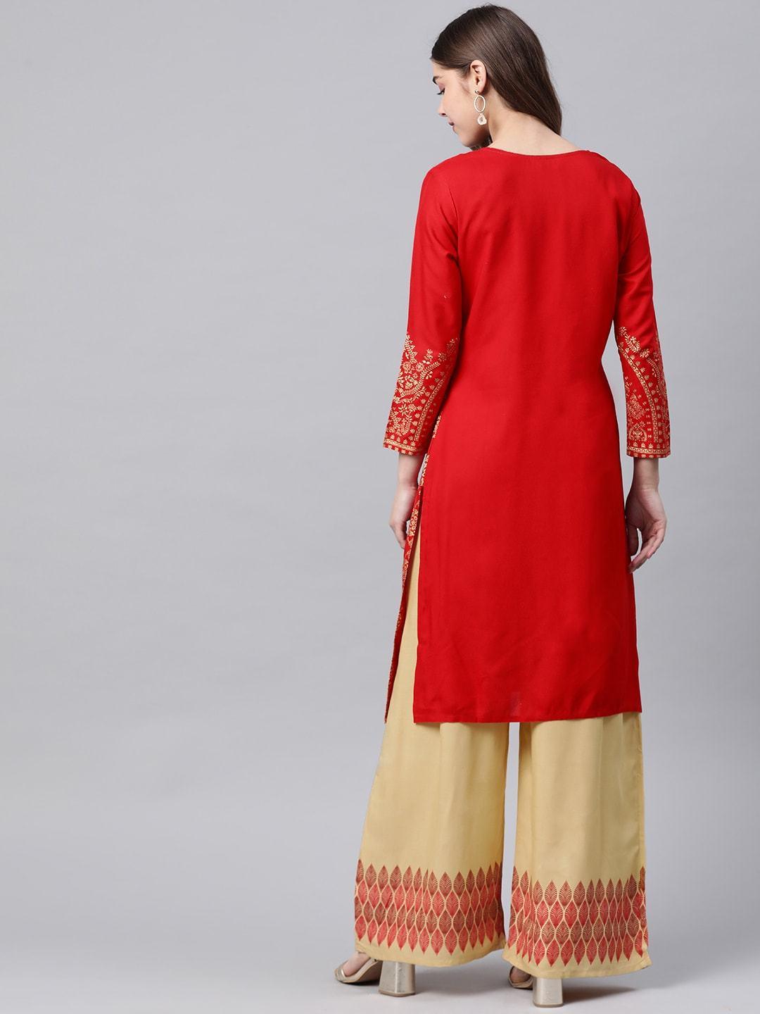 Women's Red & Beige Printed Kurta with Palazzos - Meeranshi - Indiakreations