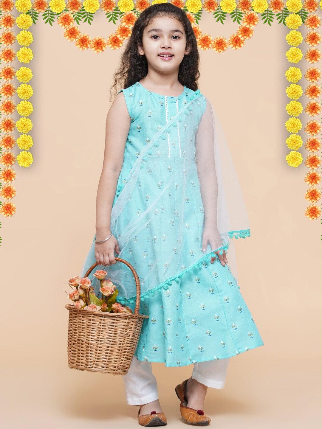 Girl's Blue Floral Printed Empire Kurta with Trousers & With Dupatta - NOZ2TOZ KIDS - Indiakreations