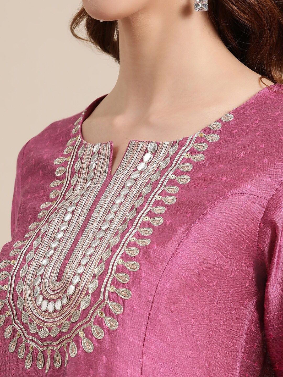 Pink Yoke Design Regular Straight Thread Work Kurta & Palazzos - Indiakreations