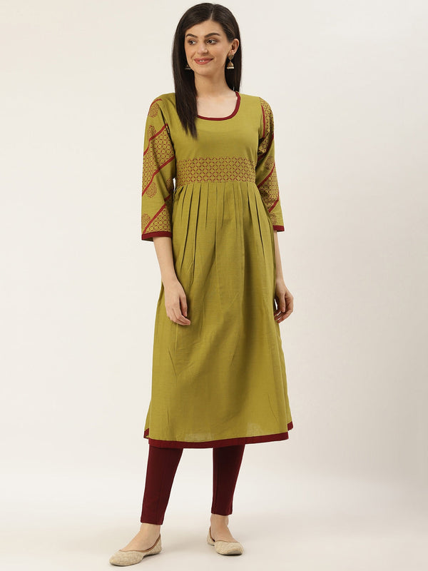 Women's Lime Green & Red Solid Pleated A-Line Kurta - Noz2Toz