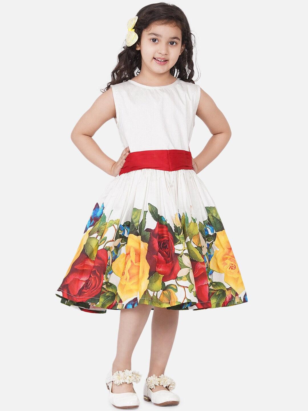 Girl's Off White & Red Floral Dress - NOZ2TOZ KIDS - Indiakreations