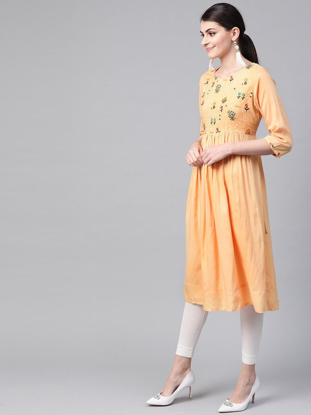 Women's Beige & White Yoke Desigh A-Line Kurta - Meeranshi - Indiakreations