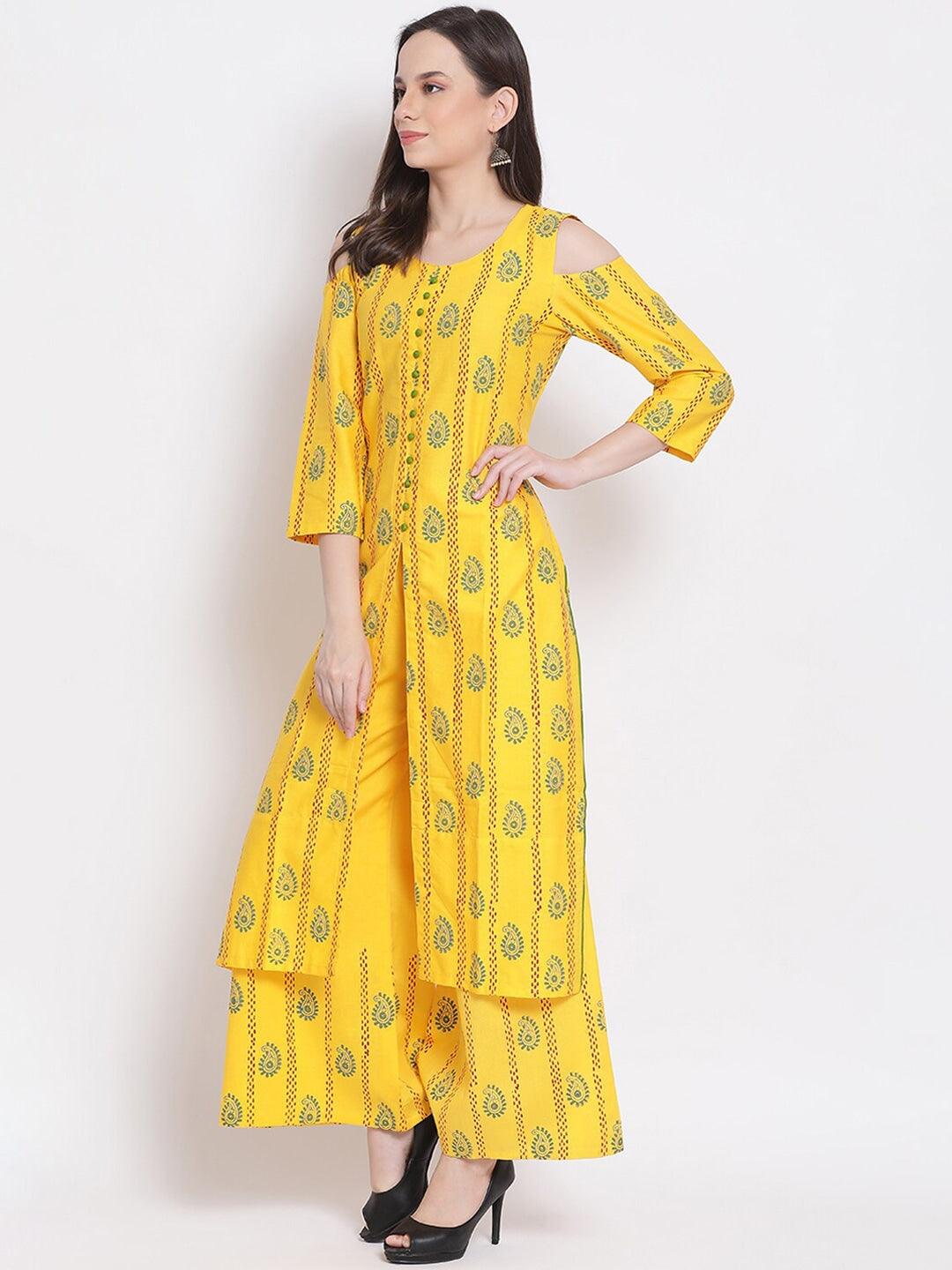 Women's Yellow Floral Embroidered Pleated Kurti With Sharara - Noz2Toz - Indiakreations