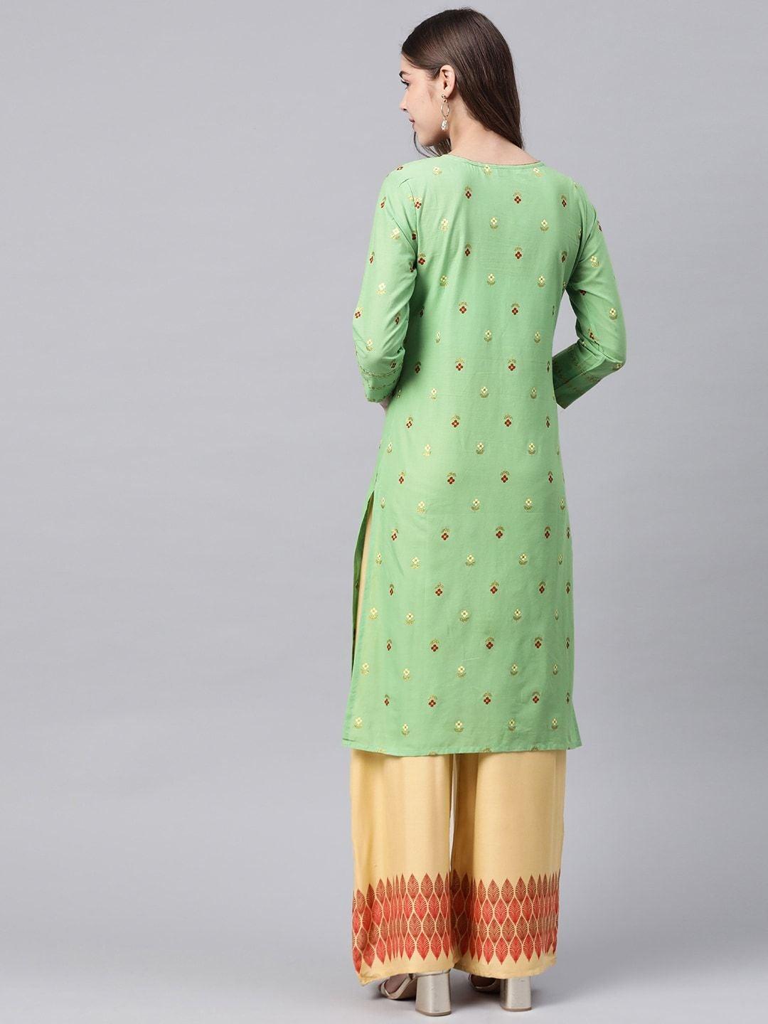 Women's Green & Beige Printed Pure Cotton Kurta with Palazzos - Meeranshi - Indiakreations