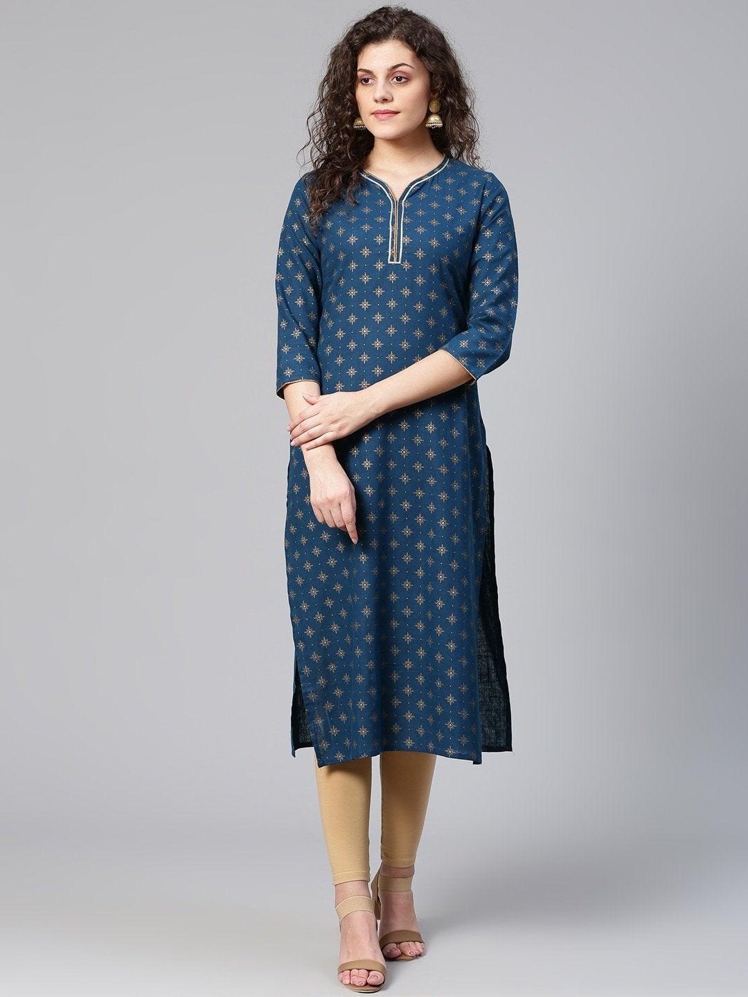 Women's Navy Blue & Golden Printed Straight Kurta - Meeranshi - Indiakreations