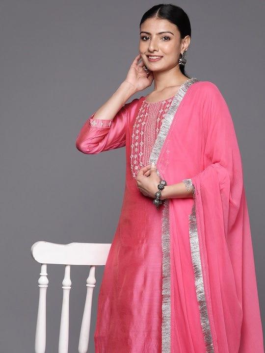 Varanga Women Pink Yoke Design Kurta with Trousers & With Dupatta - Indiakreations