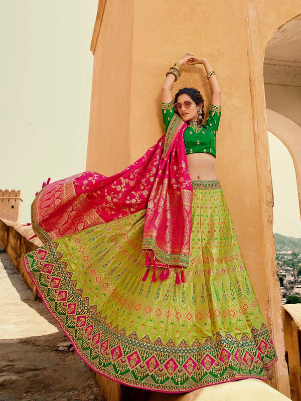 Vibrant Combination Of Green Lehenga With Indian Authentic Pink Dupatta