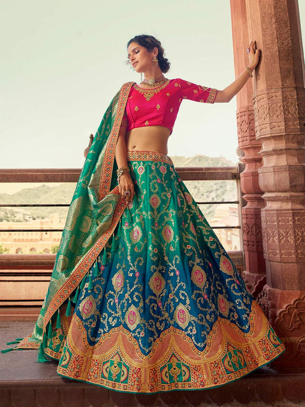 Pink Blouse Exclusively Paired With Sea Green-Blue Printed Lehenga & Dupatta