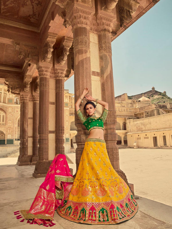 Exquisite Yellow Lehenga With Traditional Indian Design & Green Blouse, Pink Dupatta