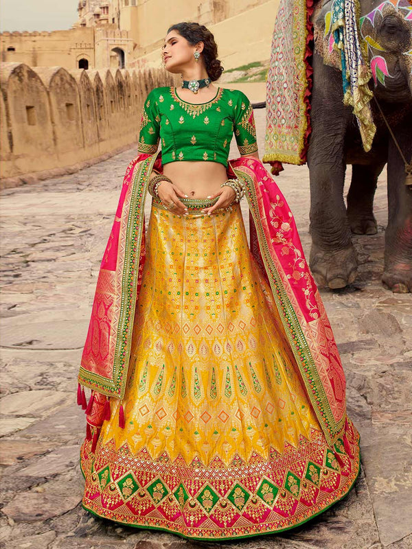 Exquisite Yellow Lehenga With Traditional Indian Design & Green Blouse, Pink Dupatta