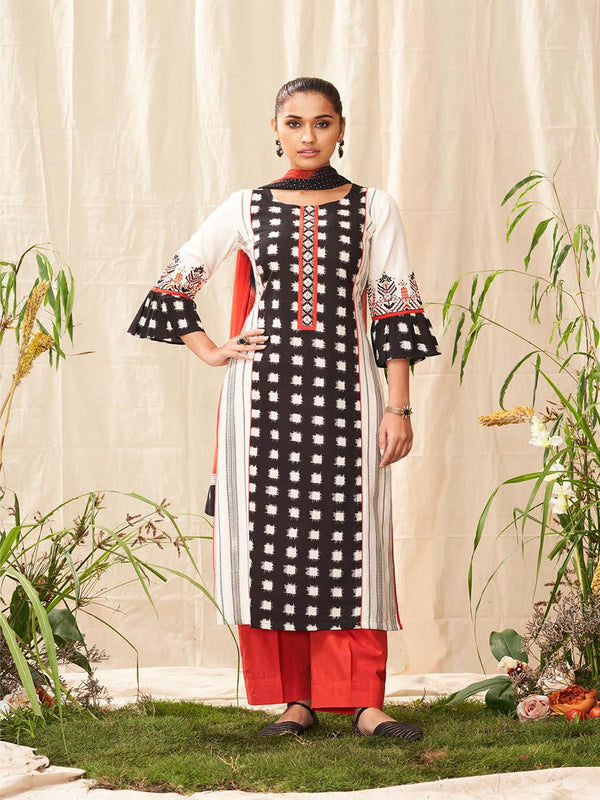 Stylish Black & White Cotton Salwar Suit Enriched With Orange Dupatta