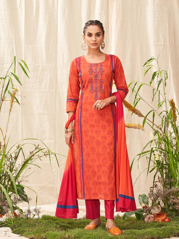 Orange & Red Fashionable Cotton Printed Women's Salwar Suit