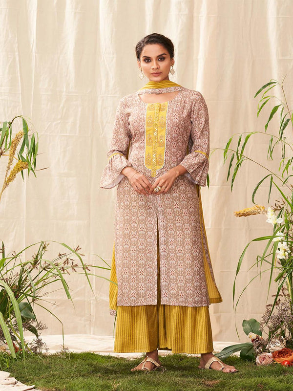 Light Brown & White Printed Cotton Kurti Paired With Mustard Yellow Palazzo & Dupatta