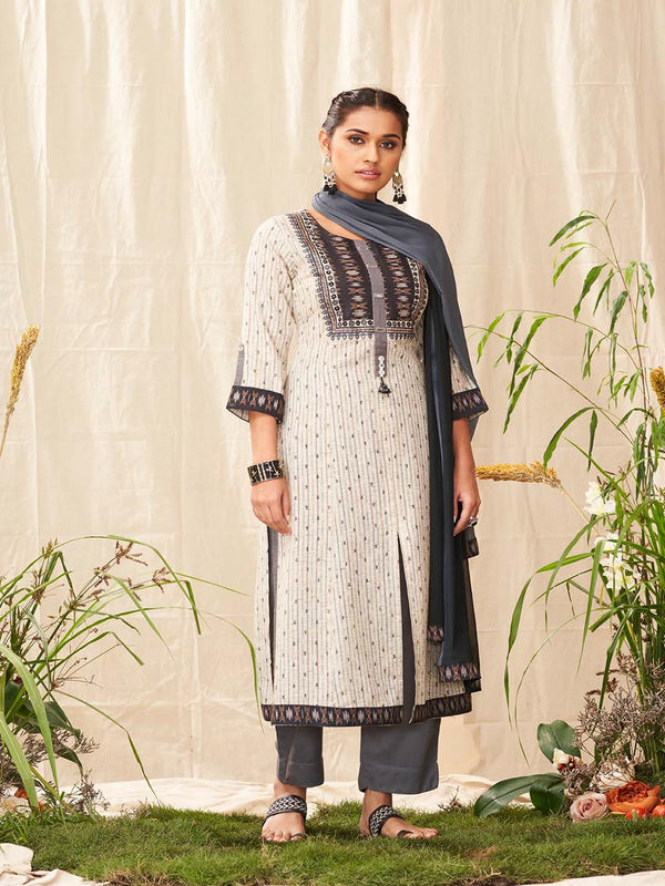 White-Grey-Black Simple Front-Slit Printed Cotton Salwar Suit & Dupatta