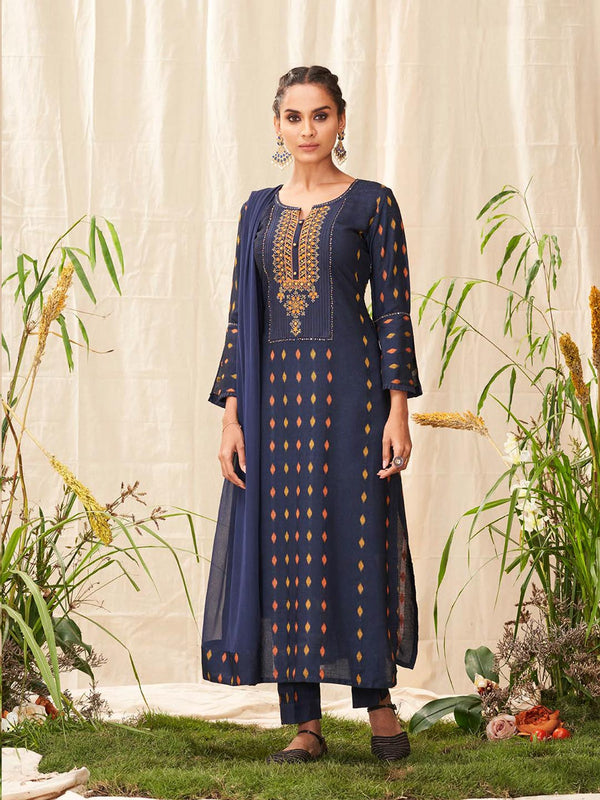 Trendsetting Dark Blue & Yellow Cotton Printed Bell Sleeves Salwar Suit