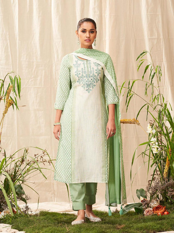 Light Green & White Printed Cotton Salwar Suit