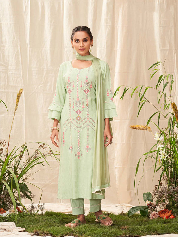 Modish Light Green Printed Cotton Salwar Suit With Bell Sleeves