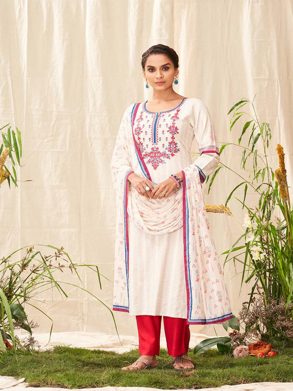 White-Red-Blue Embroidery Cotton Salwar Suit With Dupatta