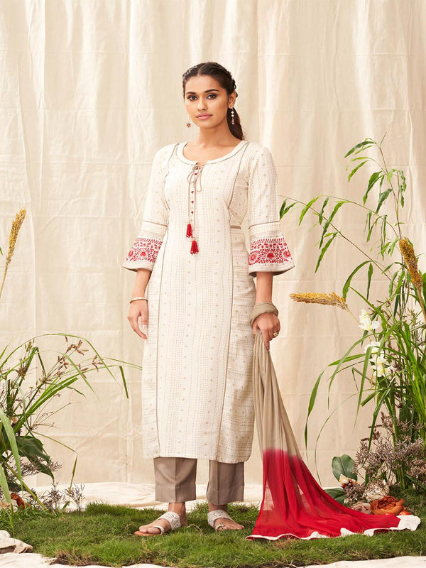 Smart White & Red Embroidered Bell Sleeves Cotton Salwar Suit Set