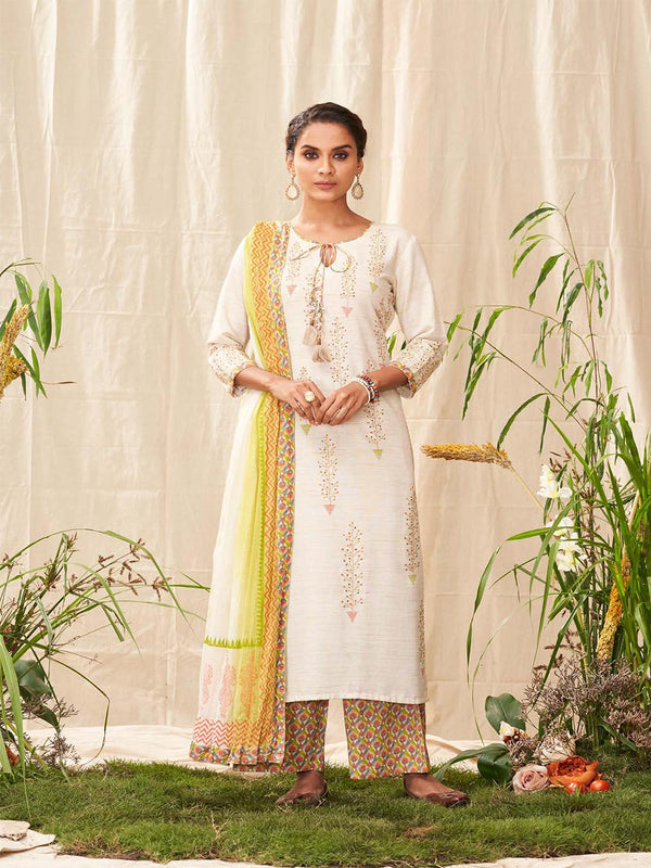 White & Yellow Stylish Cotton Printed Salwar Suit With Dupatta