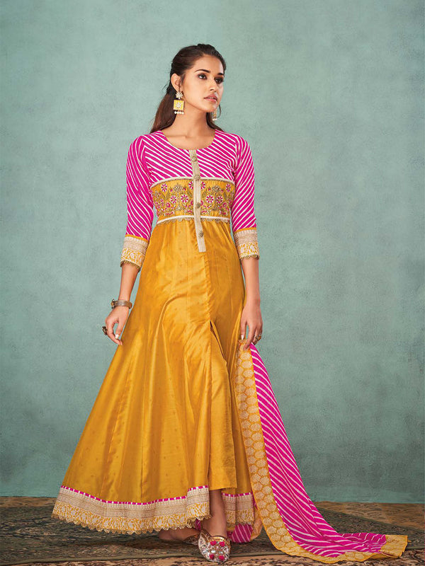 Pink & Mustard Yellow Silk Salwar Suit With Authentic Leheriya Dupatta