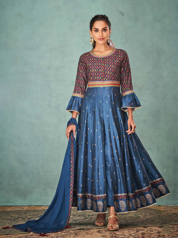 Royal Blue Front Slit, Bell Sleeves Silk Salwar Suit & Dupatta