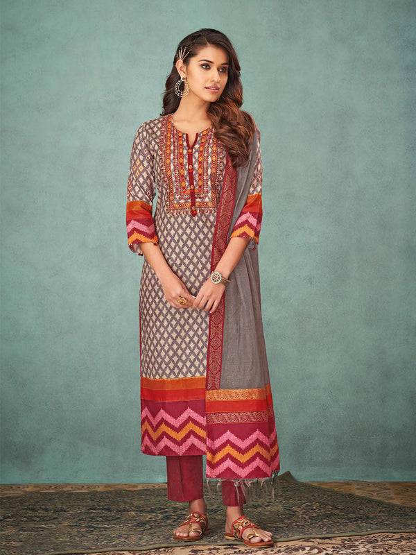 Fashionable Red Straight Cut Cotton Printed Salwar Suit Set By Suvidha