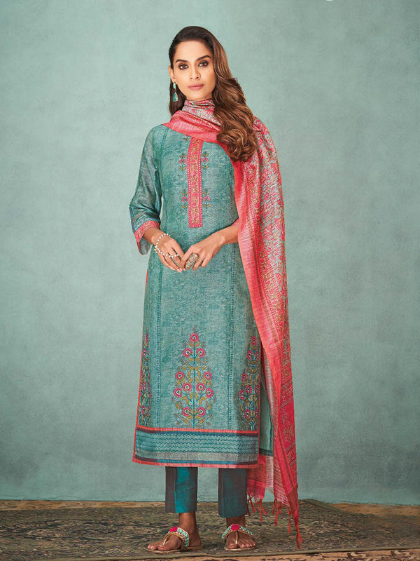 Modish Blue & Pink Silk Floral Printed Salwar Suit With Dupatta