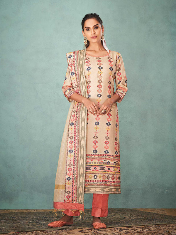 Sober Beige & Peach Abstract Printed Silk Salwar Suit With Dupatta