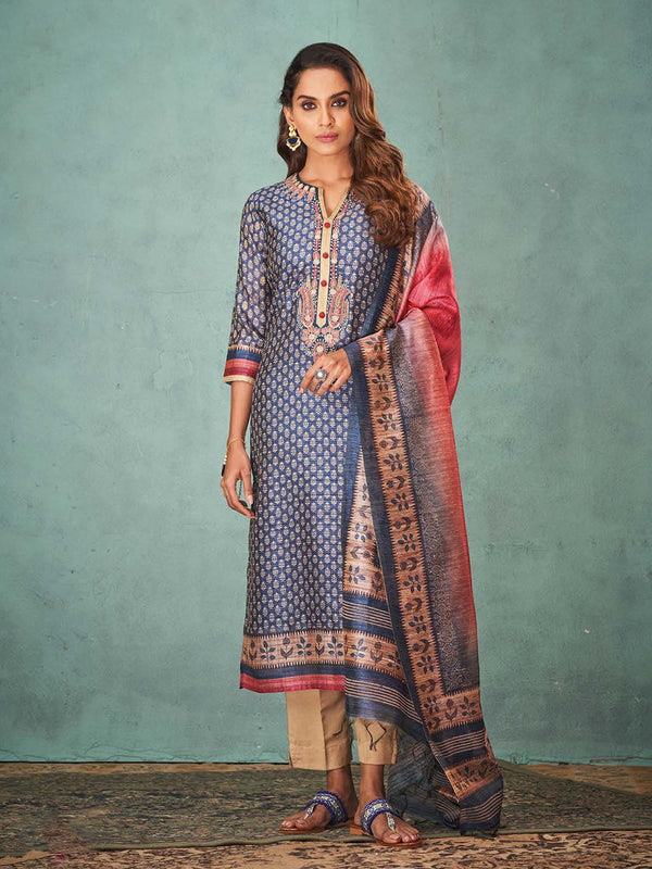 Blue & Pink Splendid Printed Silk Salwar Suit Exclusively By Suvidha