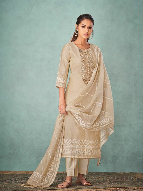 Warli Printed Beige Charming Cotton Salwar Suit Enriched With Dupatta