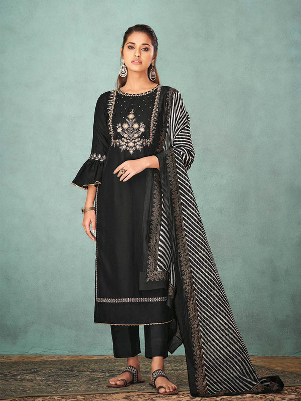 Elegant Black Silk Salwar Suit Adorned With Leheriya Dupatta & Bell Sleeves