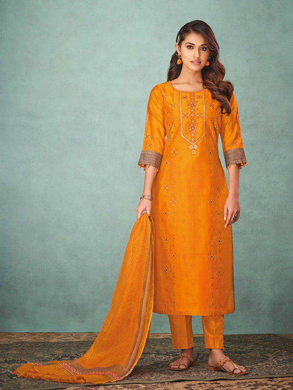 Orange Stylish Silk Salwar Suit With Minimal Ethnic Motifs