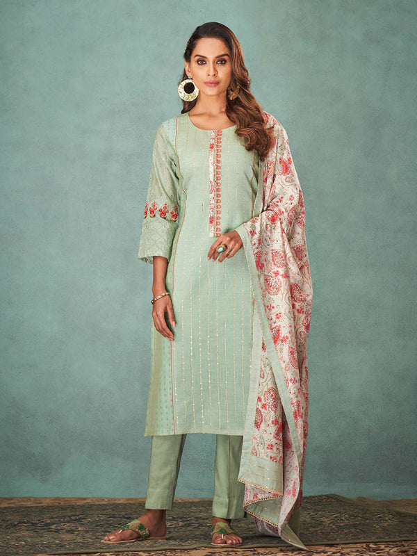 Classy Mint Green Silk Salwar Suit Enriched With Floral Dupatta & Work