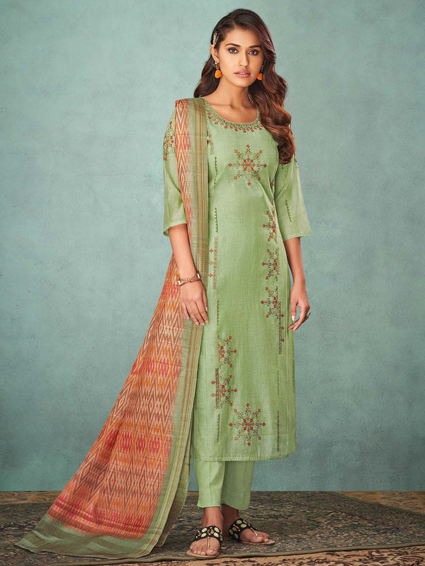 Sober Green Silk Salwar Suit Enhanced With Rich Embroidery Work