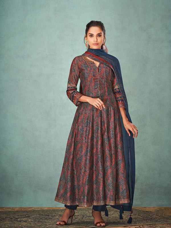 Maroon & Blue Self Printed Anarkali Silk Salwar Suit