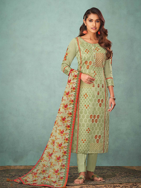 Sober Green Cotton Salwar Suit Enhanced With Floral Dupatta