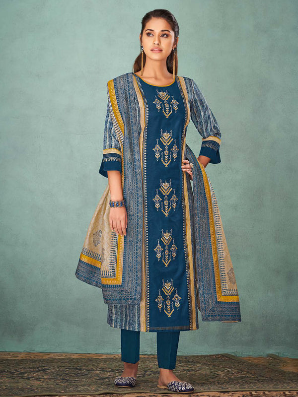 Simple Blue Printed Cotton Salwar Suit