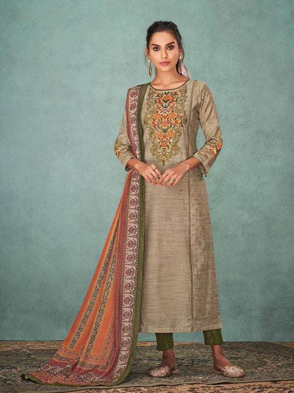 Grey Silk Salwar Suit With Embroidery & Multicolour Dupatta