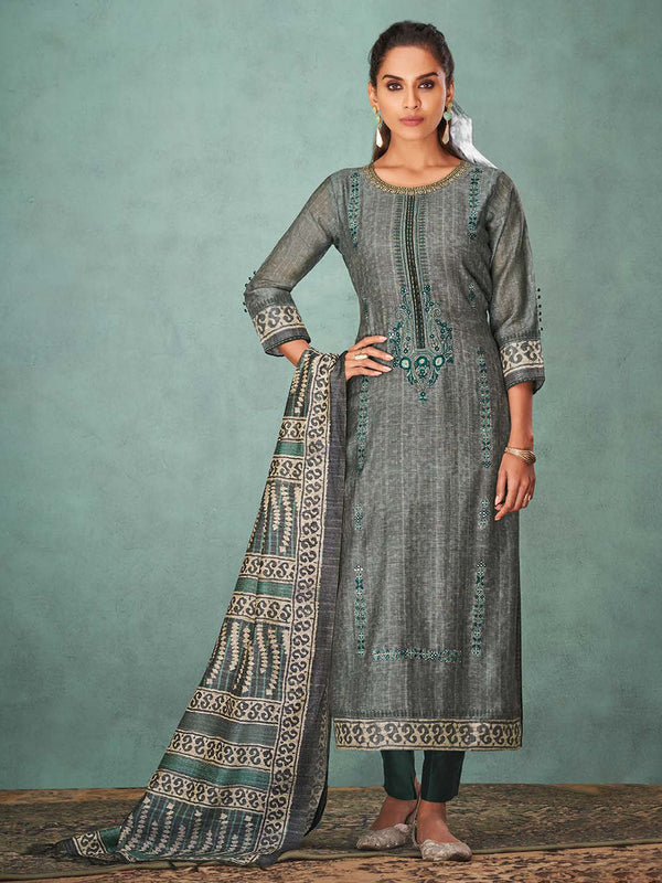 Grey Appealing Silk Salwar Suit With Minimal Print