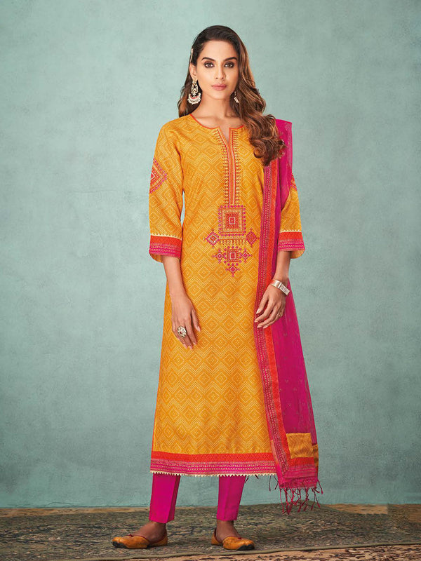 Mustard Yellow & Pink Cotton Bandhani Salwar Suit