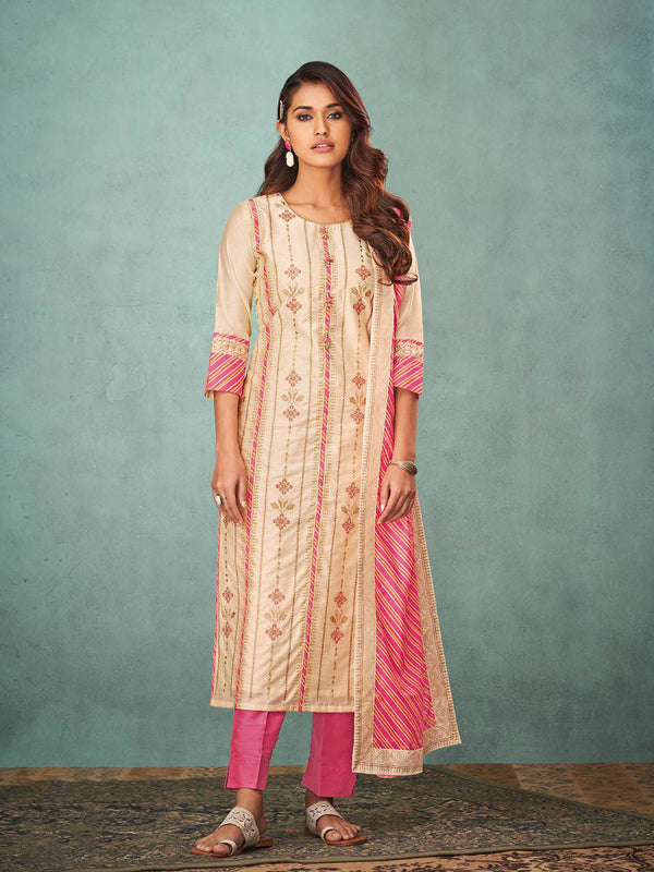 Gorgeous Beige Silk Printed Salwar Suit Adorned With Pink Leheriya Dupatta