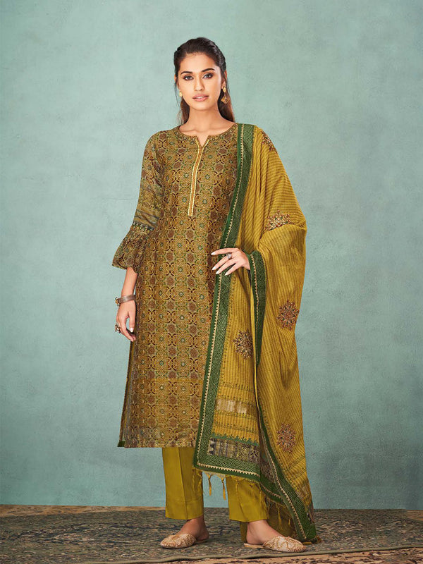 Yellow Stunning Self Printed Silk Salwar Suit With Bell Sleeves