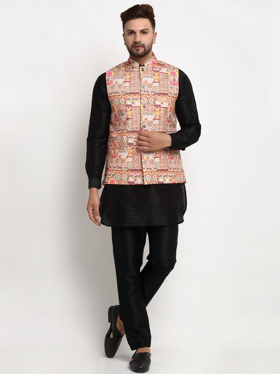 Men's Silk Blend Black Kurta With Pyjama & Pink Printed Nehru Jacket - Benstoke