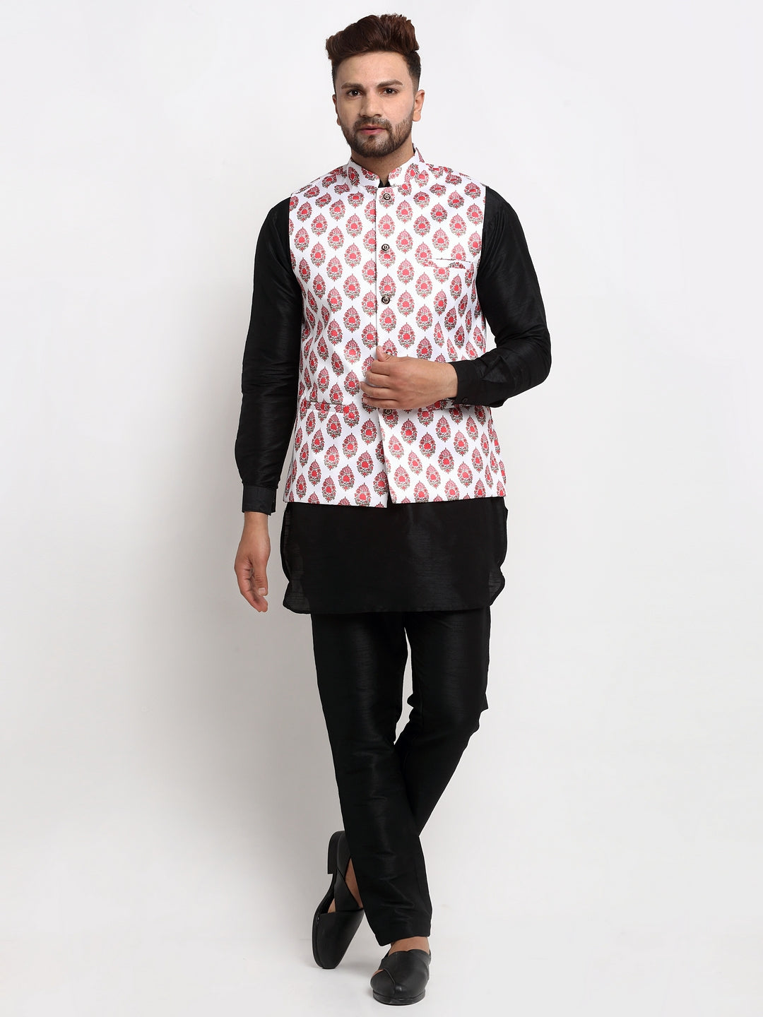 Men's Silk Blend Black Kurta With Pyjama & Cream Printed Nehru Jacket - Benstoke