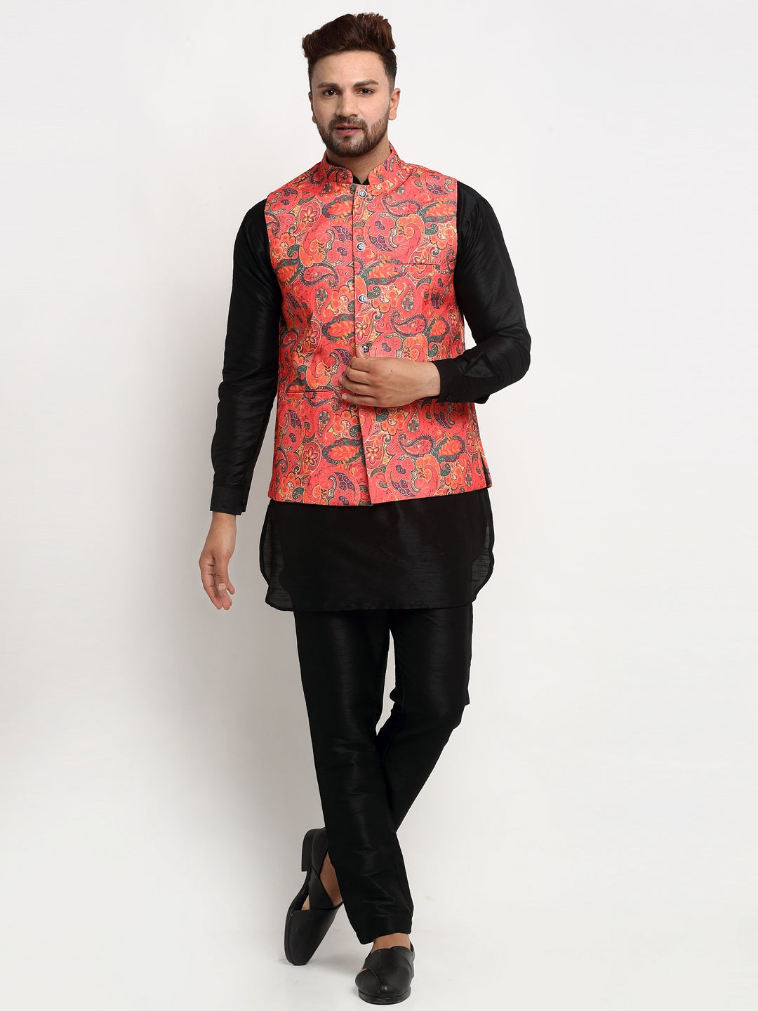 Men's Silk Blend Black Kurta With Pyjama & Orange Printed Nehru Jacket - Benstoke